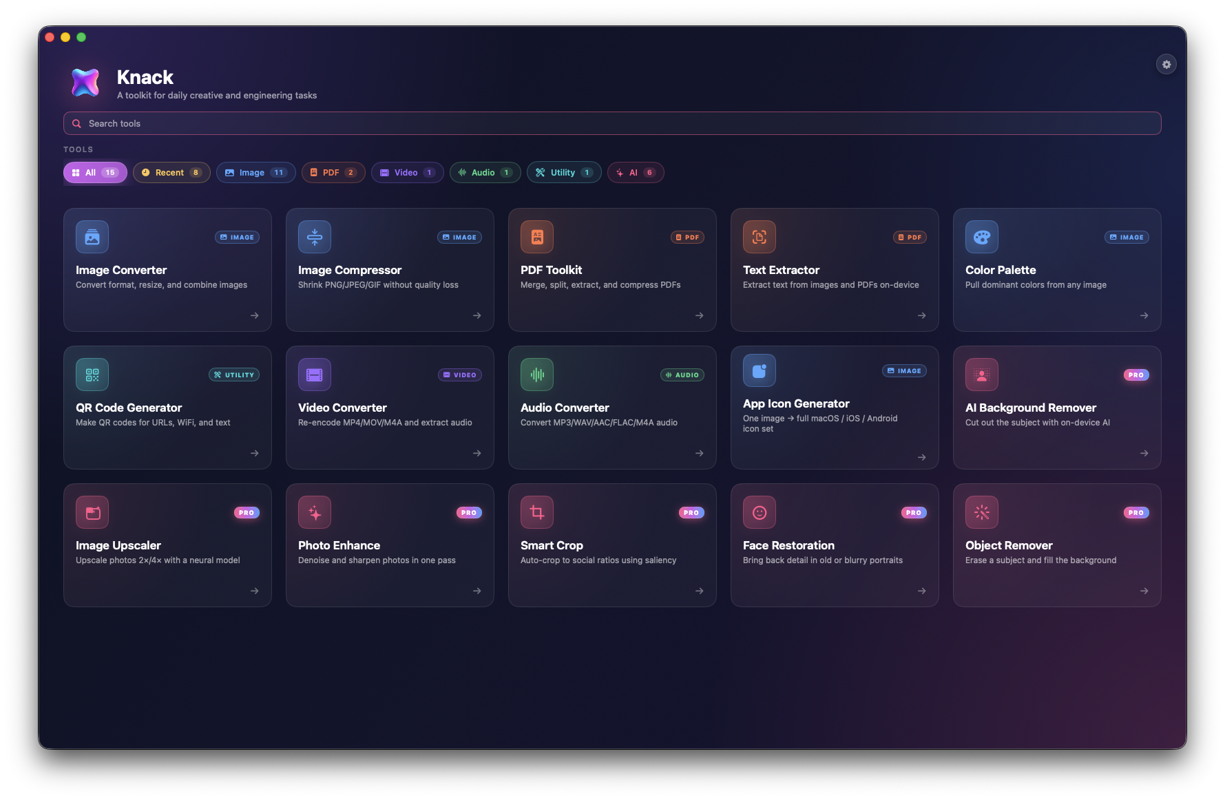 Knack home dashboard showing all 20 native Mac tools
